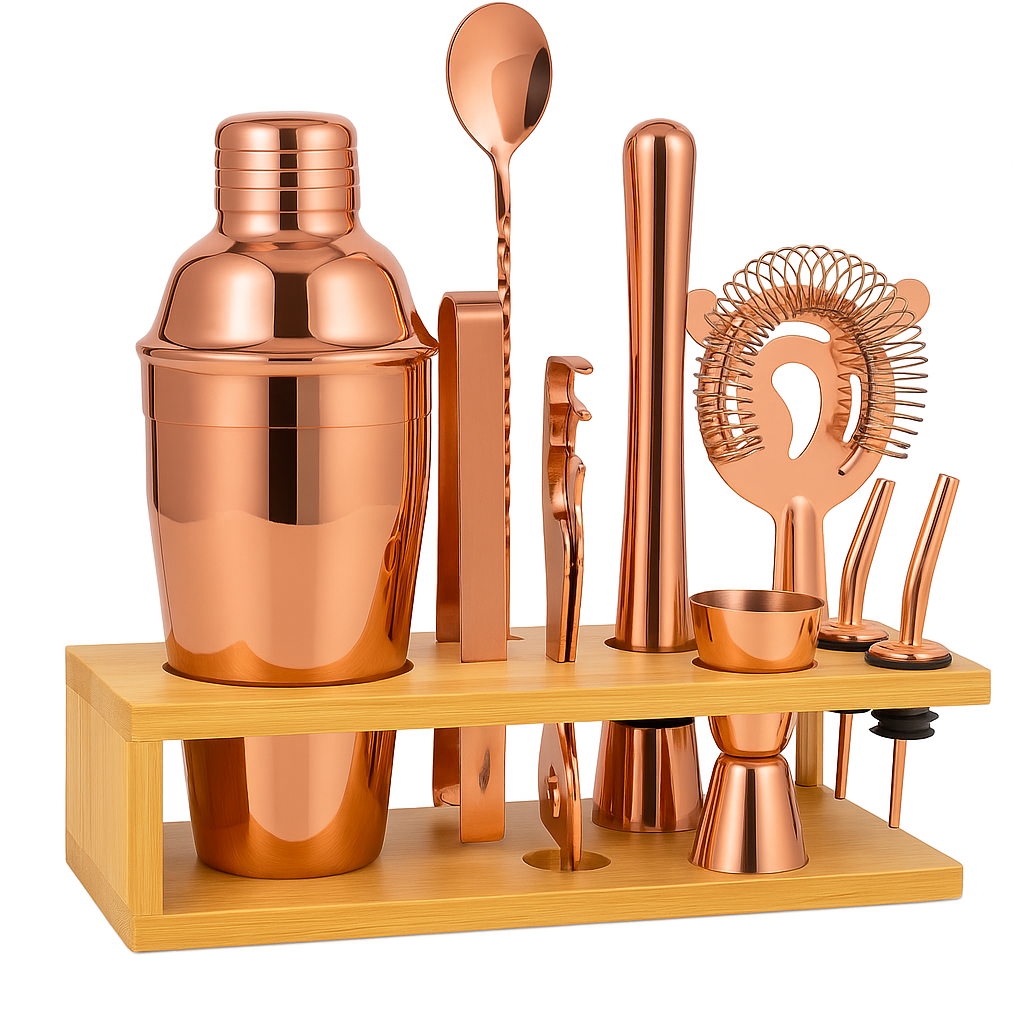 Bar set - Rose Gold of 11pcs with wooden Stand